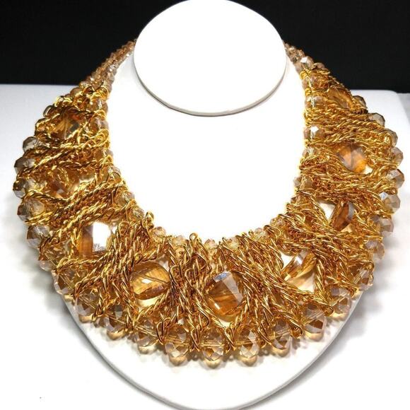 Bohemian Wide Crystal Beaded Chain Collar Necklace, Champaign Beads, 17 Inches - Picture 9 of 11